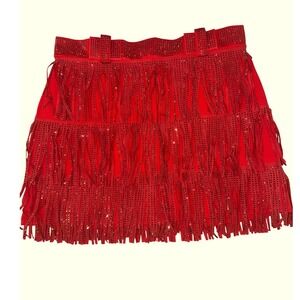 Nylon Apparel Red Rhinestone Fringe Mini Skirt Skort Large Western Bling NEW